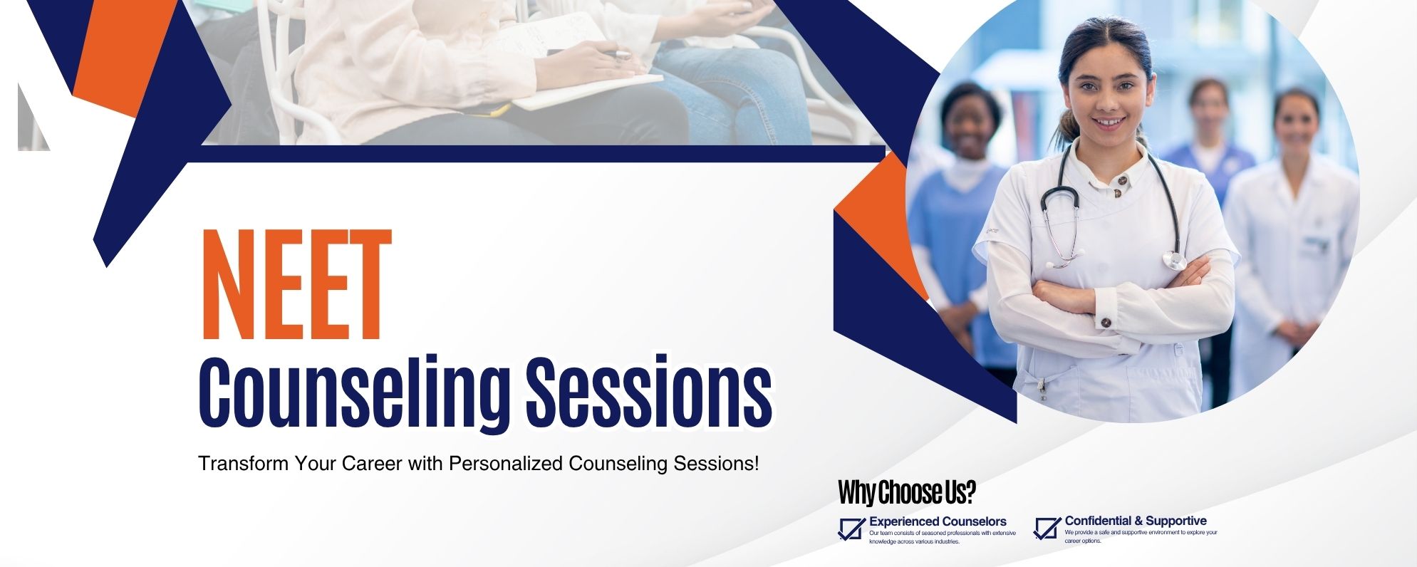 White Navy And Orange Modern Professional Career Counseling Sessions Banner